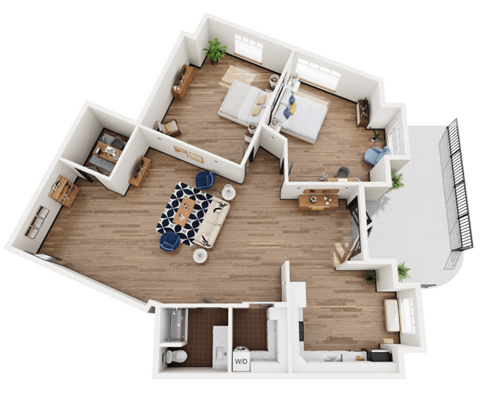 Floor plan for 2 beds, 1 bath, 1050 sqft